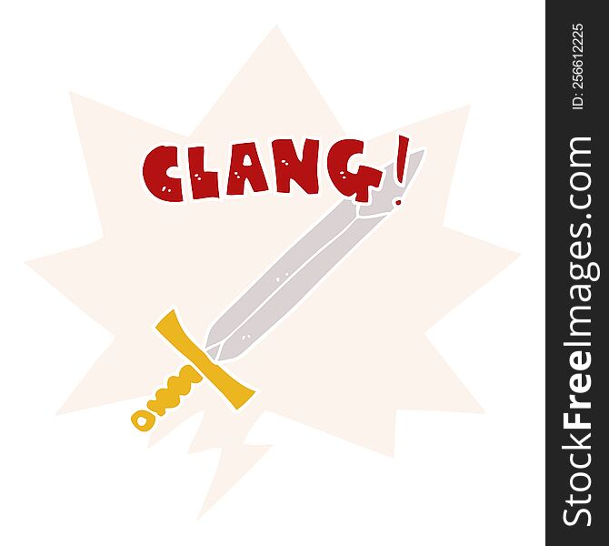 cartoon clanging sword with speech bubble in retro style