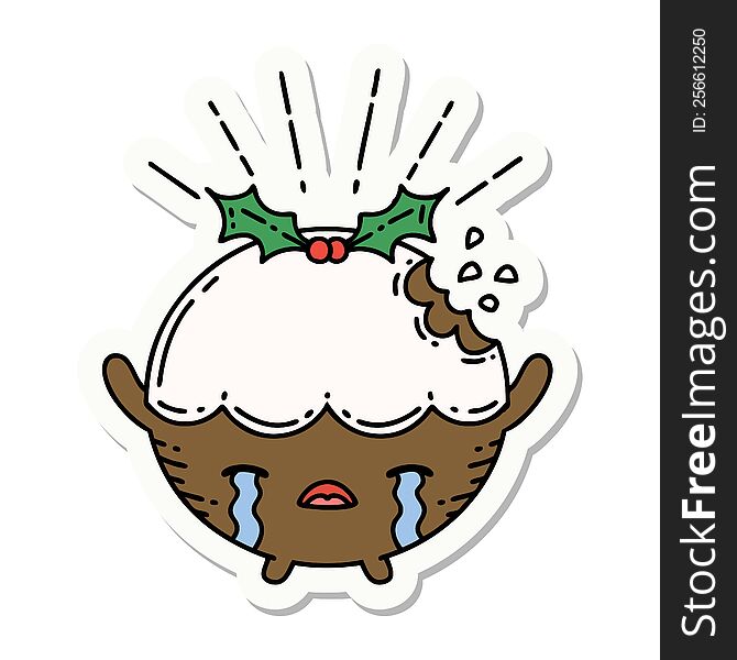 sticker of tattoo style christmas pudding character crying