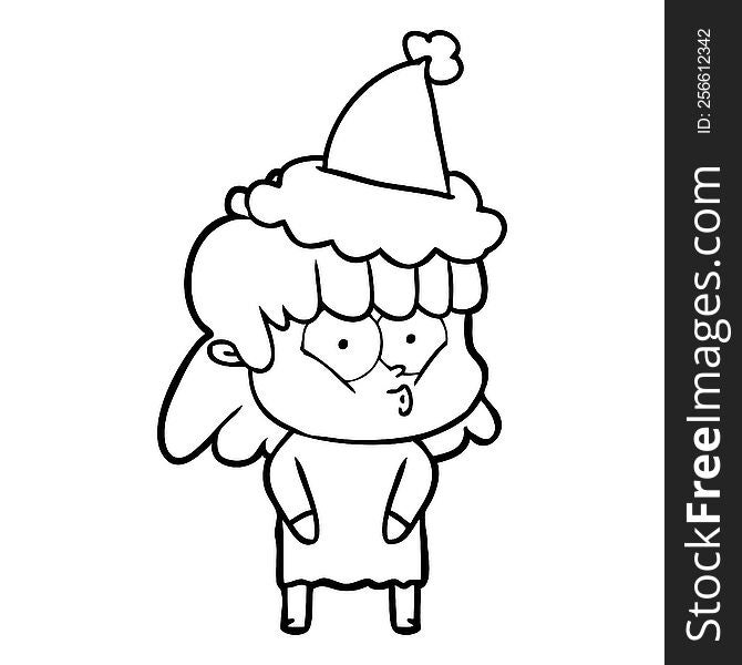 Line Drawing Of A Whistling Girl Wearing Santa Hat