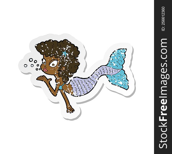 Retro Distressed Sticker Of A Cartoon Mermaid Blowing Kiss