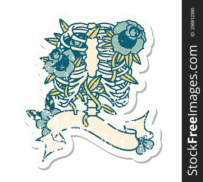 worn old sticker with banner of a rib cage and flowers. worn old sticker with banner of a rib cage and flowers