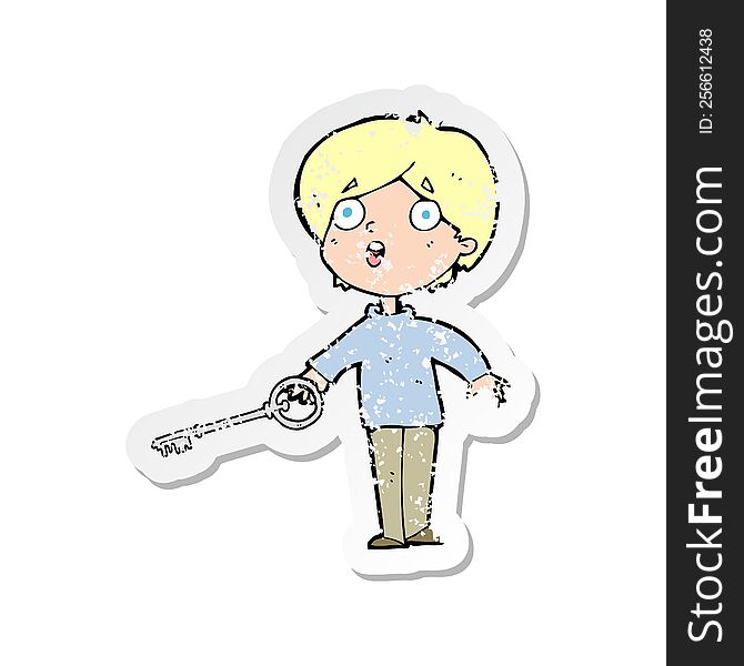retro distressed sticker of a cartoon boy with key