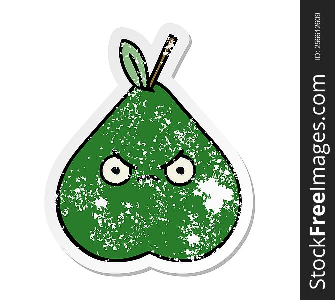 Distressed Sticker Of A Cute Cartoon Angry Pear