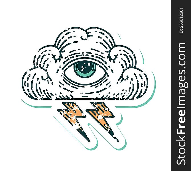 Distressed Sticker Tattoo Style Icon Of An All Seeing Eye Cloud