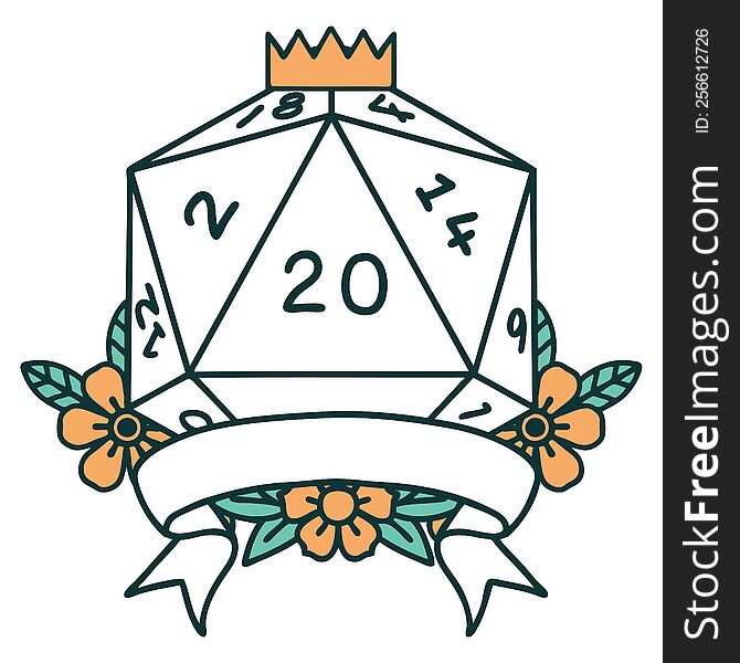 Retro Tattoo Style natural 20 critical hit D20 dice roll. Retro Tattoo Style natural 20 critical hit D20 dice roll