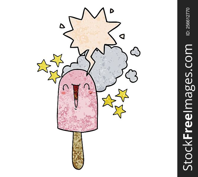 cute cartoon ice lolly with speech bubble in retro texture style