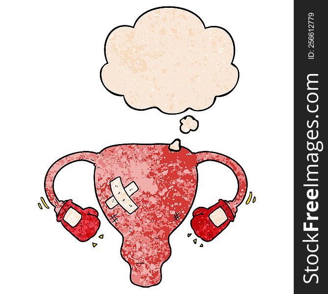 cartoon beat up uterus with boxing gloves and thought bubble in grunge texture pattern style