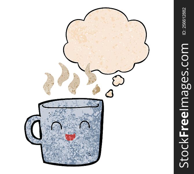 Cute Coffee Cup Cartoon And Thought Bubble In Grunge Texture Pattern Style