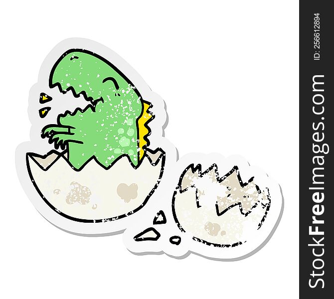 Distressed Sticker Of A Cartoon Dinosaur Hatching