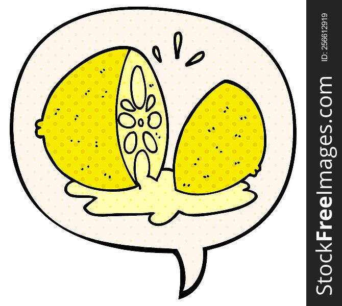 cartoon cut lemon and speech bubble in comic book style