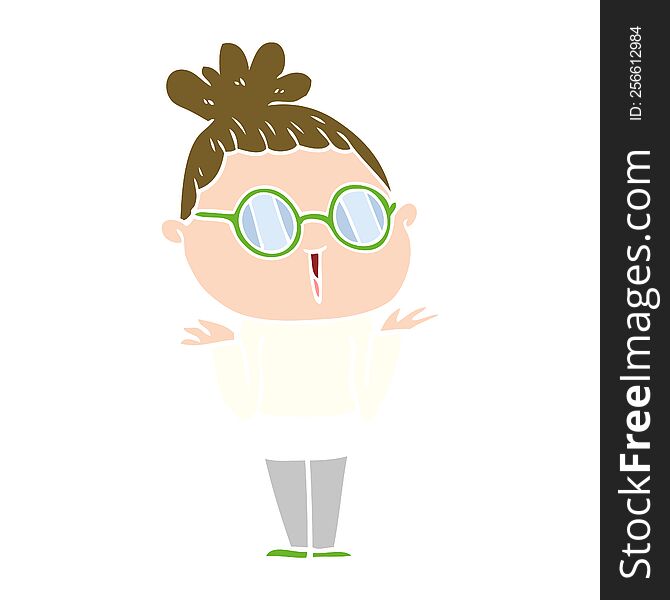 Flat Color Style Cartoon Shrugging Woman Wearing Spectacles