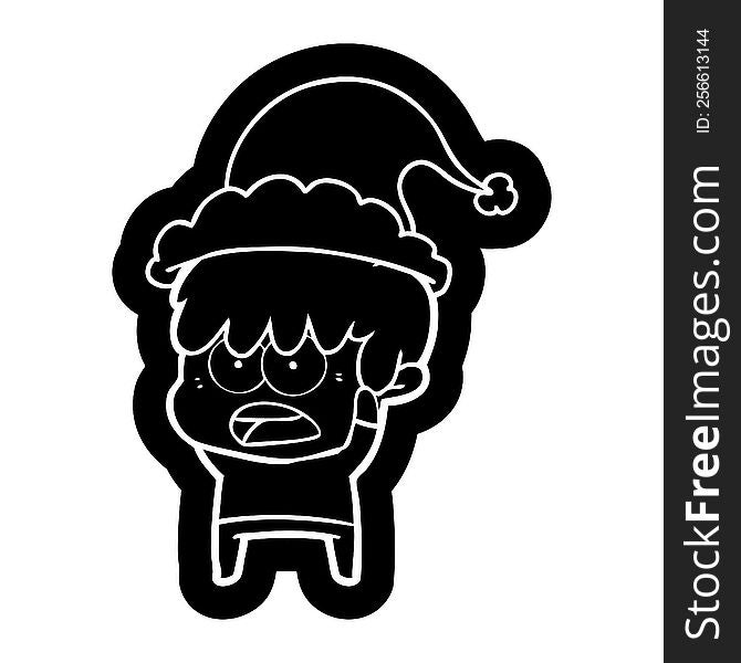 worried quirky cartoon icon of a boy wearing santa hat