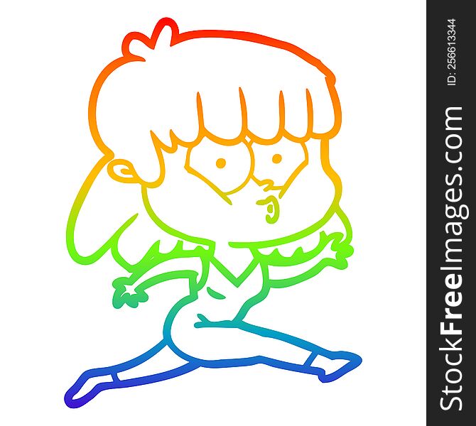 Rainbow Gradient Line Drawing Cartoon Woman Running