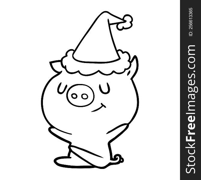 happy hand drawn line drawing of a pig wearing santa hat. happy hand drawn line drawing of a pig wearing santa hat