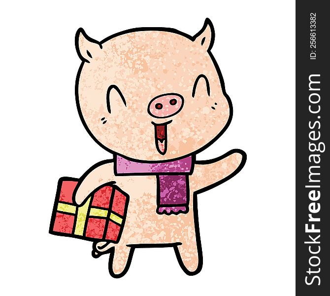 happy cartoon pig with xmas present. happy cartoon pig with xmas present