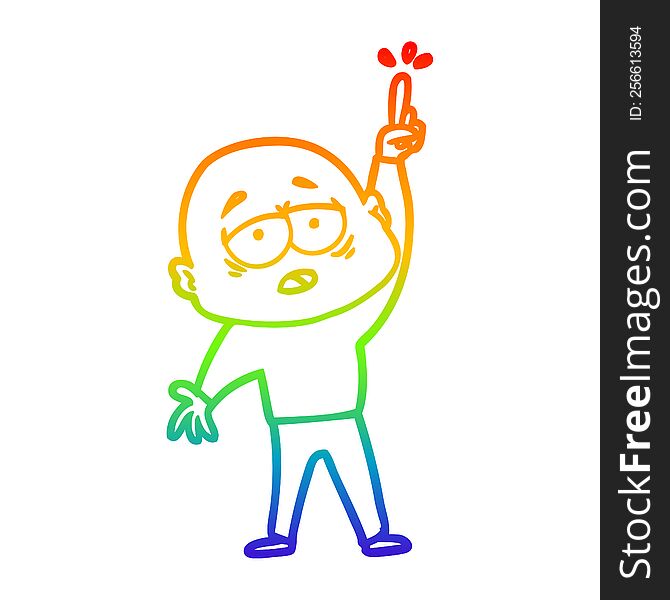 rainbow gradient line drawing of a cartoon tired bald man with idea