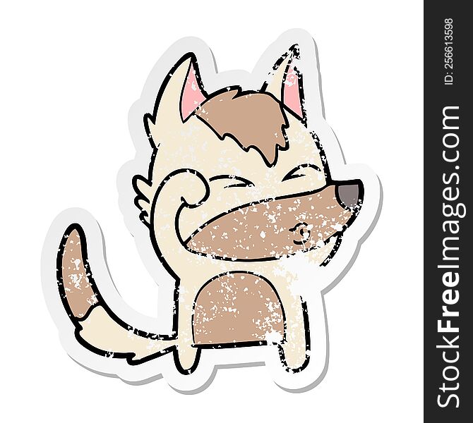 Distressed Sticker Of A Cartoon Wolf Pouting