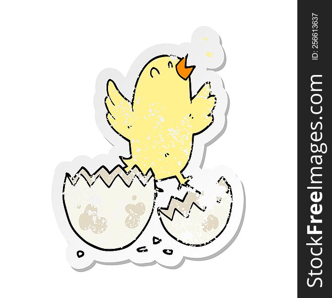 Distressed Sticker Of A Cartoon Bird Hatching From Egg