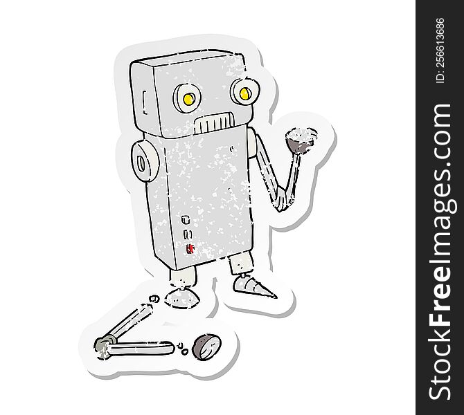 Retro Distressed Sticker Of A Cartoon Broken Robot