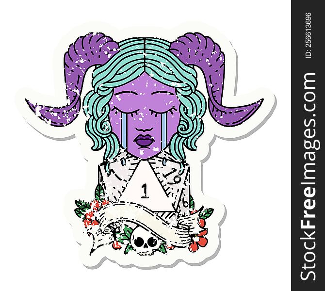 Crying Tiefling With Natural One D20 Dice Roll Grunge Sticker