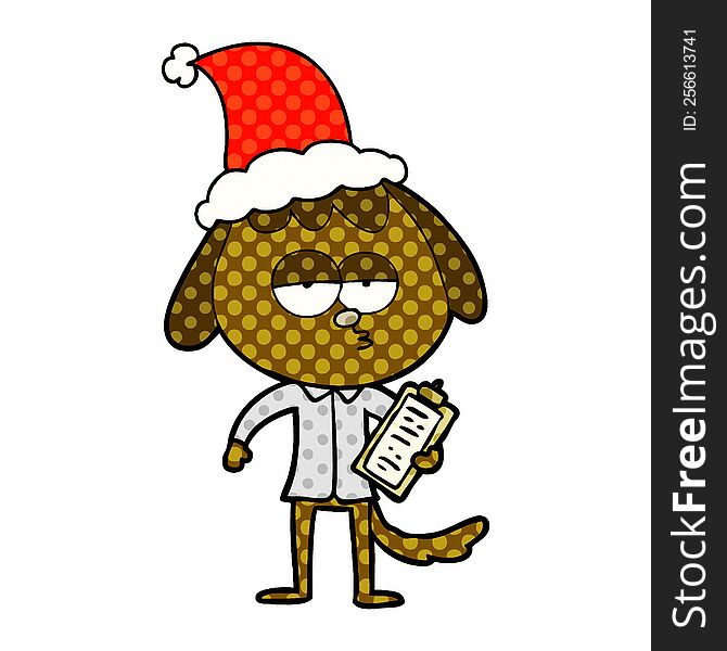 Comic Book Style Illustration Of A Bored Dog In Office Clothes Wearing Santa Hat