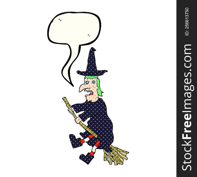comic book speech bubble cartoon witch flying on broom