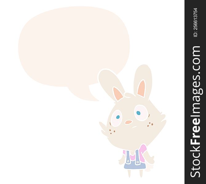cute cartoon rabbit shrugging shoulders with speech bubble in retro style