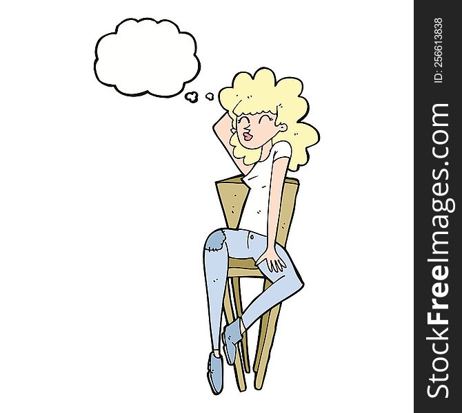 cartoon woman posing on chair with thought bubble