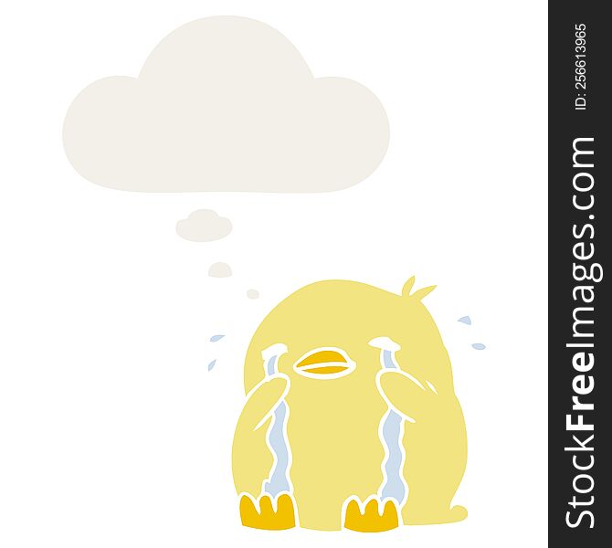 Cartoon Crying Bird And Thought Bubble In Retro Style