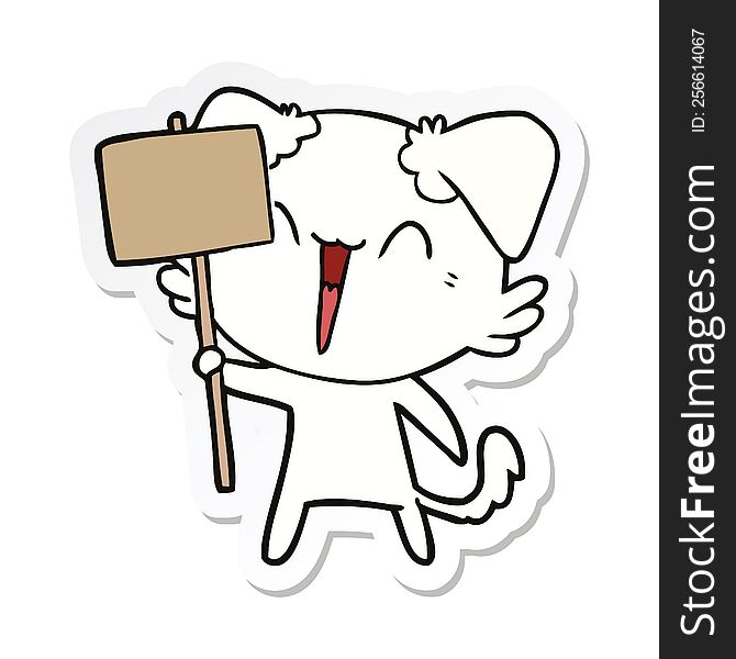 sticker of a happy little cartoon dog holding sign