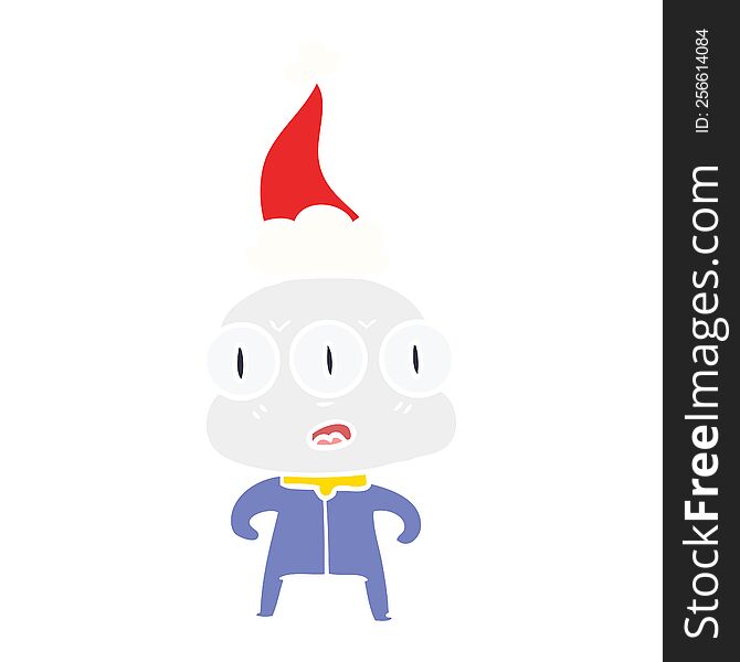 Flat Color Illustration Of A Three Eyed Alien Wearing Santa Hat