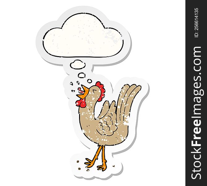 cartoon crowing cockerel with thought bubble as a distressed worn sticker