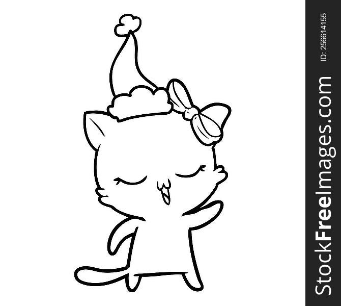 hand drawn line drawing of a cat with bow on head wearing santa hat