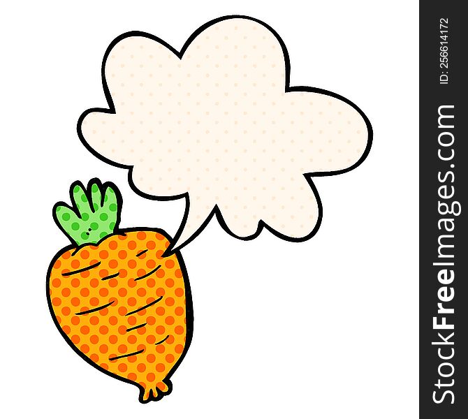 cartoon root vegetable with speech bubble in comic book style