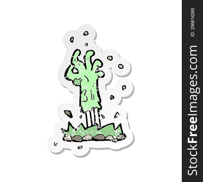 retro distressed sticker of a cartoon zombie hand rising from ground