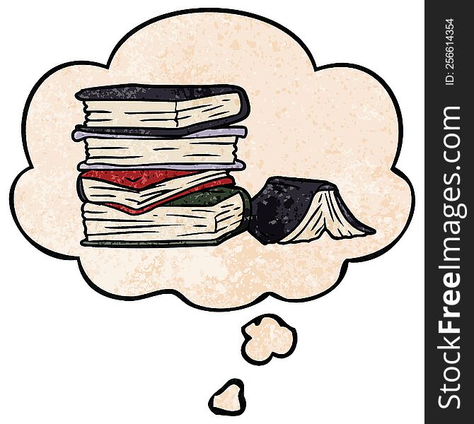 cartoon pile of books and thought bubble in grunge texture pattern style