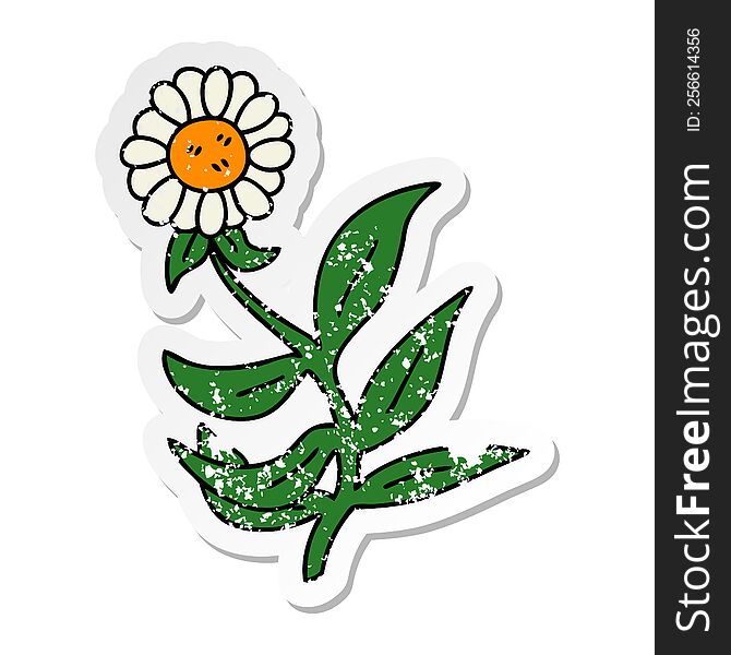 distressed sticker of a quirky hand drawn cartoon daisy flower