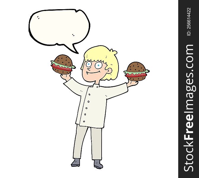 freehand drawn speech bubble cartoon chef with burgers