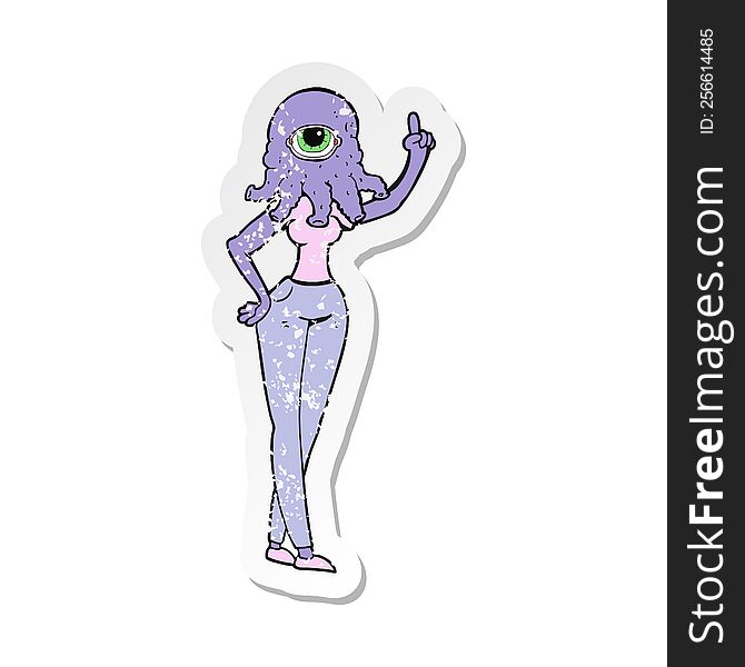 retro distressed sticker of a cartoon female alien with raised hand