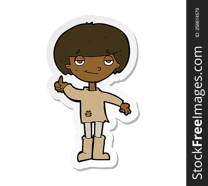sticker of a cartoon boy in poor clothing giving thumbs up symbol