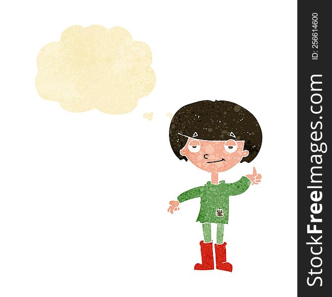 Cartoon Boy In Poor Clothing Giving Thumbs Up Symbol With Thought Bubble