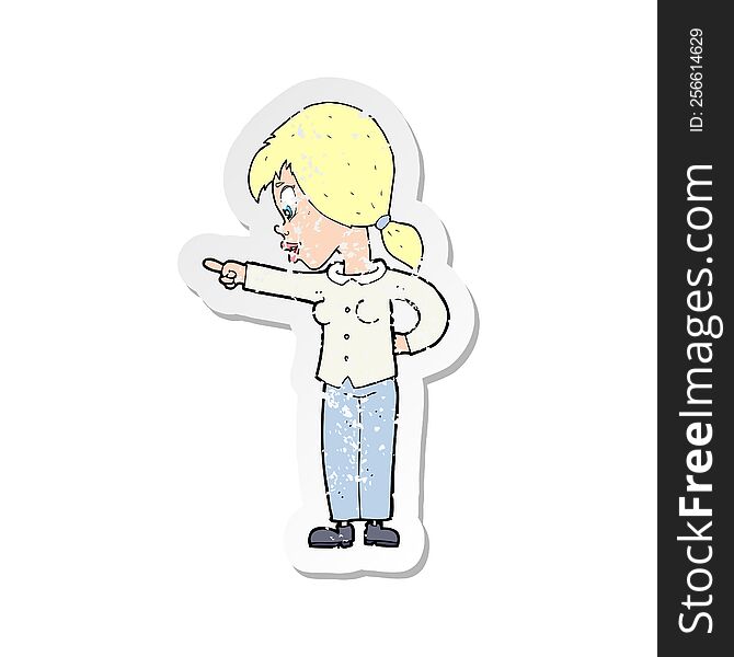 retro distressed sticker of a cartoon enthusiastic woman pointing