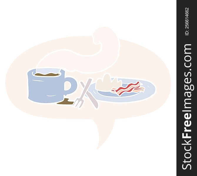 cartoon breakfast of coffee and bacon with speech bubble in retro style