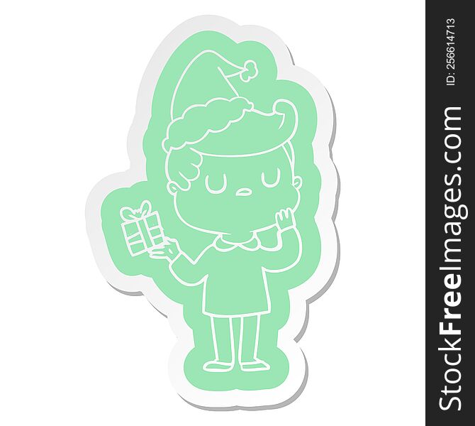 Cartoon  Sticker Of A Man Wondering Wearing Santa Hat
