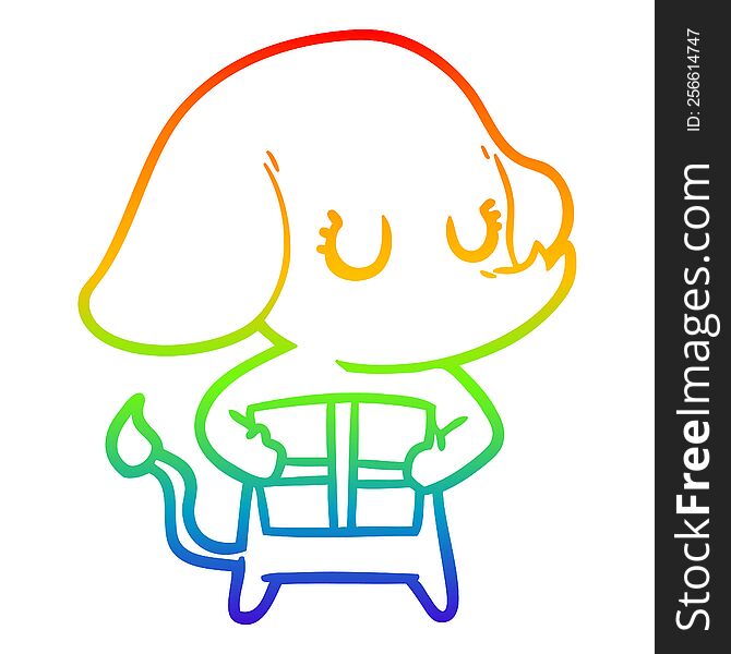 Rainbow Gradient Line Drawing Cute Cartoon Elephant With Gift