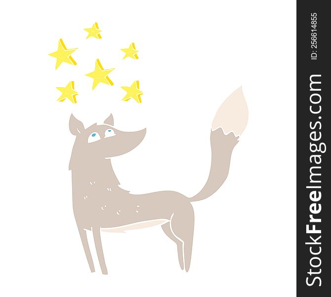 Flat Color Illustration Of A Cartoon Wolf With Stars