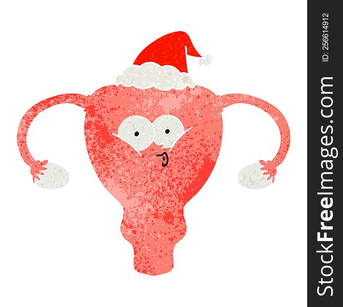 hand drawn retro cartoon of a uterus wearing santa hat