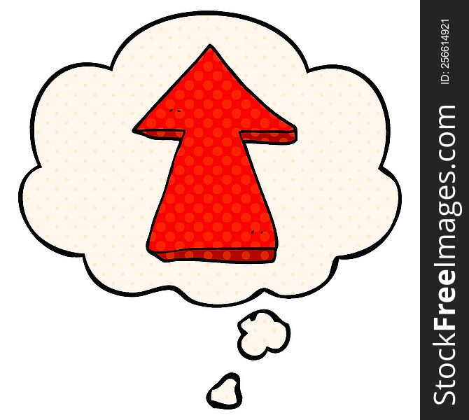 cartoon pointing arrow with thought bubble in comic book style