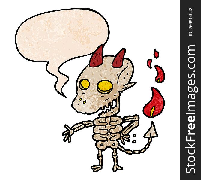 cartoon spooky skeleton demon and speech bubble in retro texture style