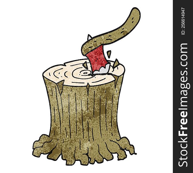 freehand textured cartoon axe in tree stump